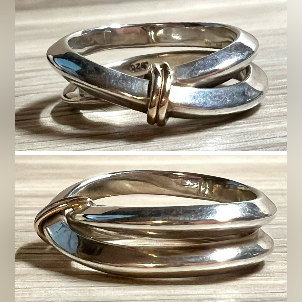 Vintage Designer Signed Sterling Silver & Gold Crossover Modernist Ring, Size 7